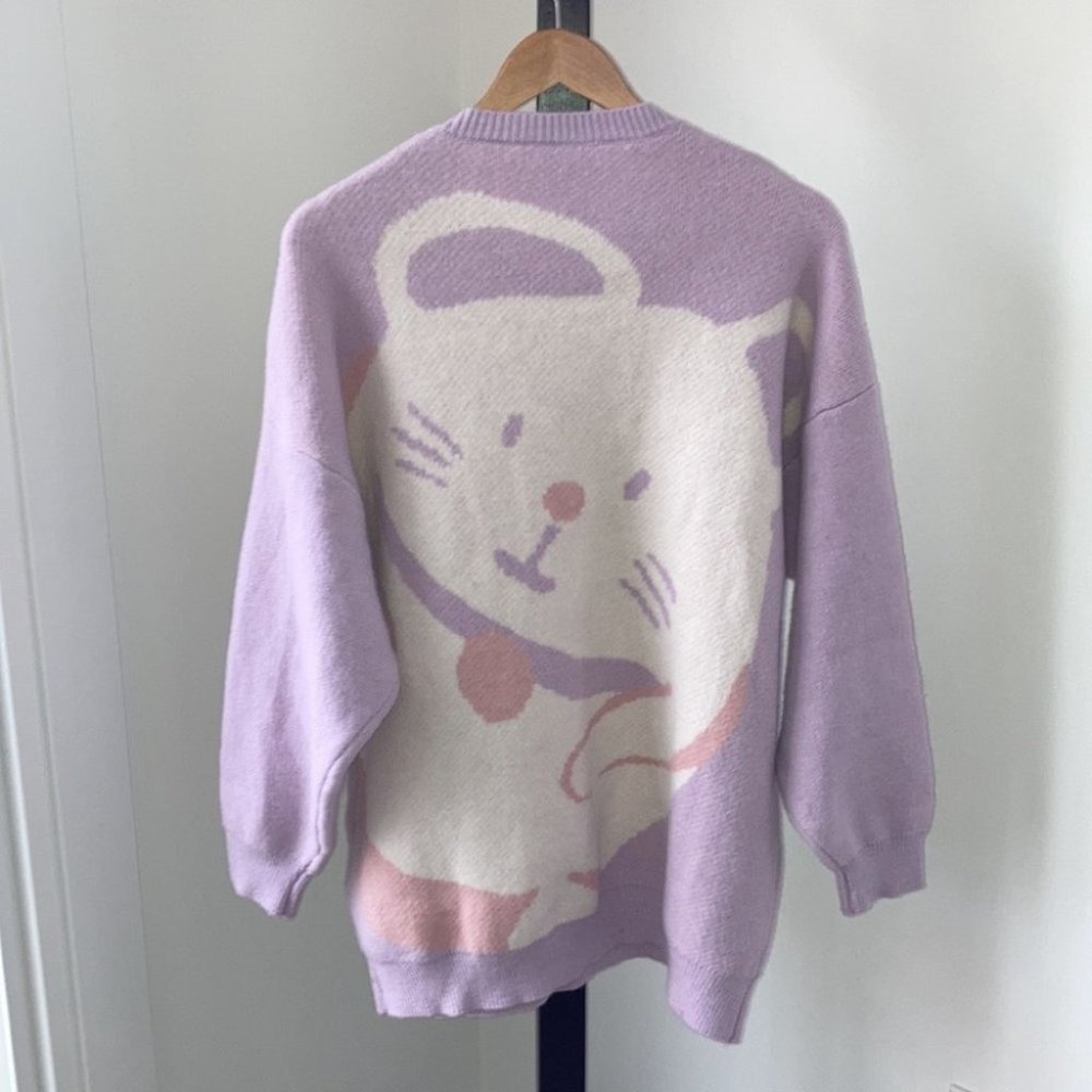 Rare Pastel Purple Knit Oversized Cat Sweater - Picture 2 of 9
